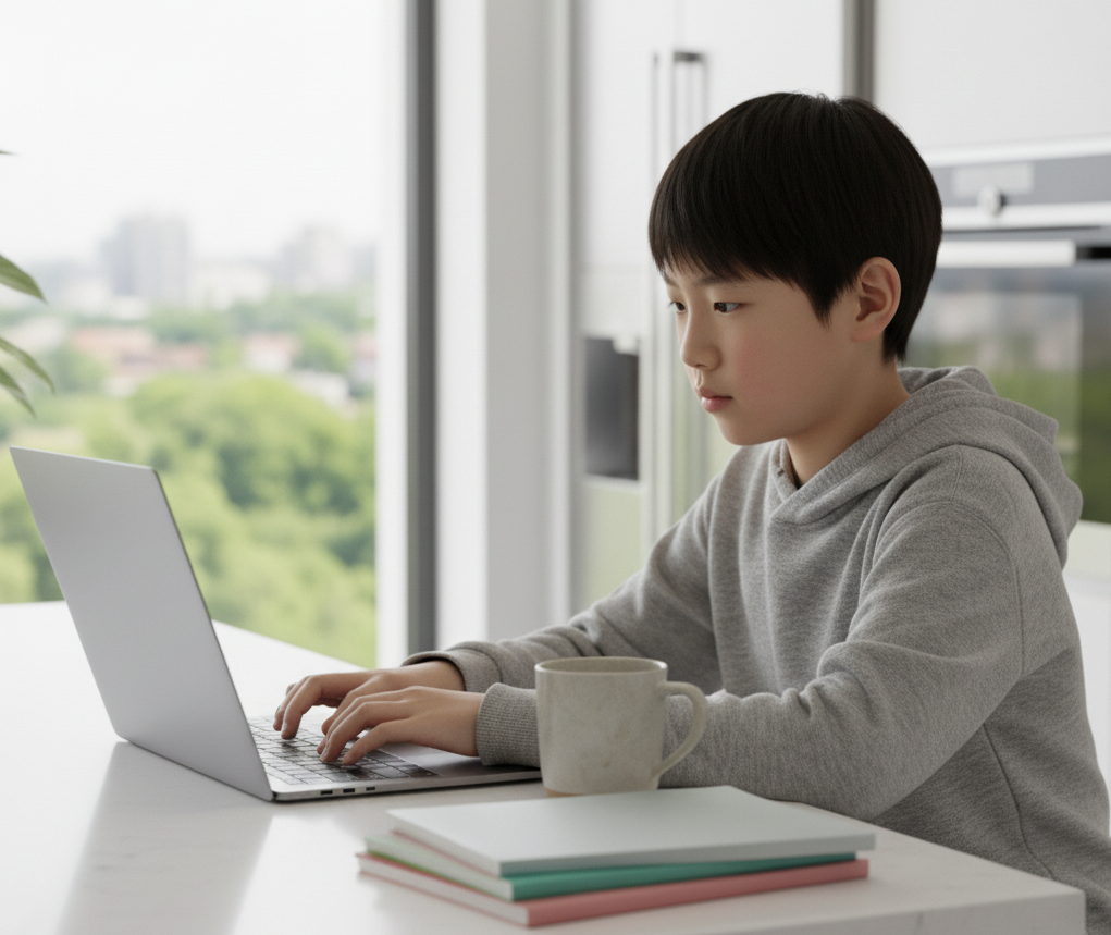 child on laptop doing math with Mobius Math